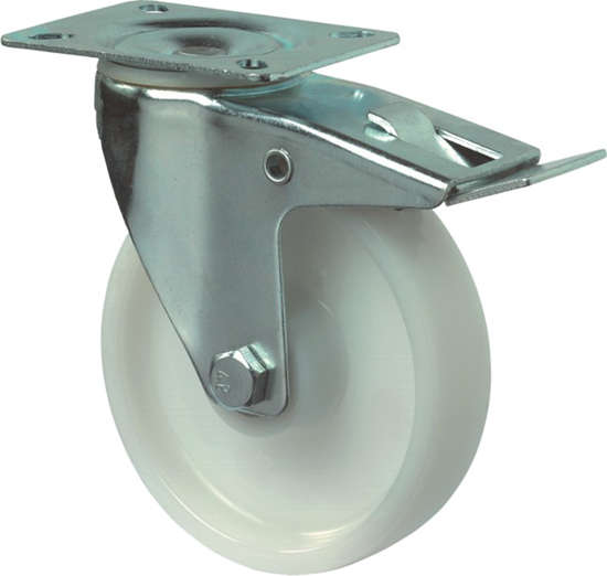 Afbeelding van Zwenkwiel polyamide wiel met rollager + rem, wit 125kg m/rem 80mm