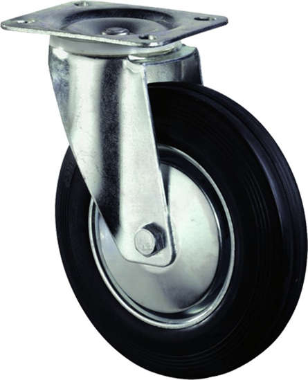 Afbeelding van Zwenkwiel, zwart rubber wiel met stalen velg en rollager, 70kg 100mm