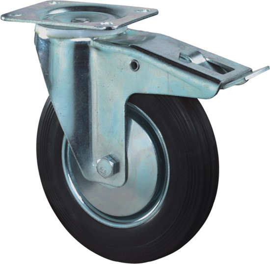 Afbeelding van Zwenkwiel, zwart rubber wiel met stalen velg en rollager + rem, 100kg m/rem 125mm