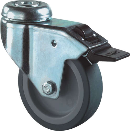 Afbeelding van Zwenkwiel met boutgat, grijs rubber wiel met glijlager + rem 40kg 50mm