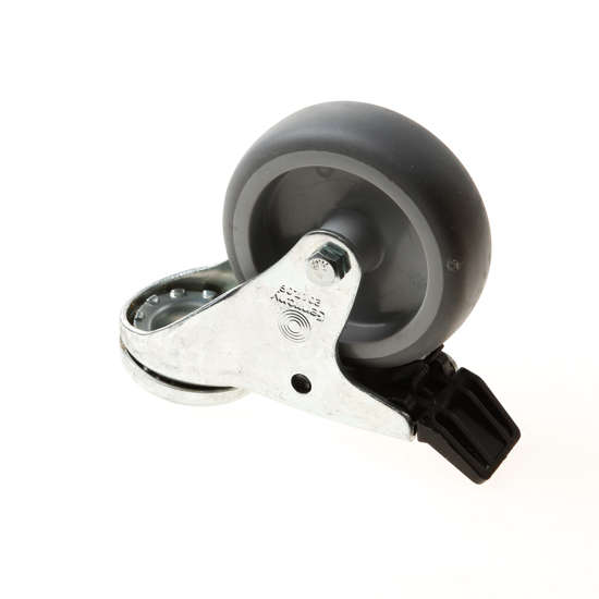 Afbeelding van Zwenkwiel met boutgat, grijs rubber wiel met glijlager + rem 50kg 75mm