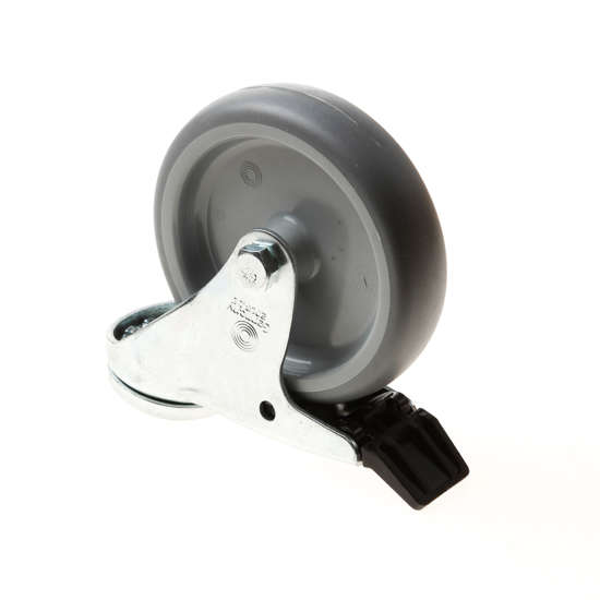 Afbeelding van Zwenkwiel met boutgat, grijs rubber wiel met glijlager + rem 65kg 100mm
